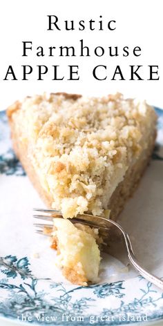 a piece of pie on a blue and white plate with the words authentic irish apple cake