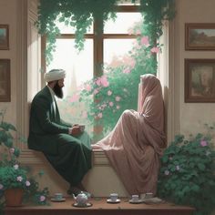 a painting of a man and woman sitting on a window sill looking out the window