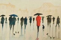 a painting of people walking in the rain with umbrellas over their heads and birds flying around them