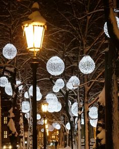 a street light is covered in snow and lit up with christmas lights on the trees