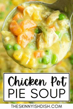 a spoon full of chicken pot pie soup