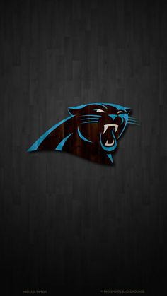 the carolina panther logo on a black background with wooden planks and dark wood flooring