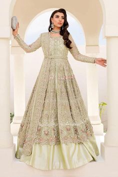 Malangi Fashion Dress try to make sure you have the best experience while selecting and buying your favourite Indian and Pakistani Outfits for any occasion like barat, walima, mehndi, nikkah, dholki, mayu, sangeet, engagement or reception guest in different style dress of salwar kameez, maxi peshwas, gown, saree, lehenga, sharara or ghararara color: pistachio Green Fabric Details: Net handmade embroidery Gown front Net embroidery Gown back Net embroidery dupatta silk skirt replicate by malangi f Bollywood Style Floor-length Anarkali Set For Ceremony, Floor-length Embroidered Dress For Reception, Floor-length Dress For Eid Ceremony, Long Sleeve Gown For Eid Reception, Eid Reception Floor-length Gown, Floor-length Wedding Dress With Intricate Embroidery, Floor-length Embroidered Gown For Reception, Floor-length Gown With Intricate Embroidery For Reception, Eid Floor-length Fitted Wedding Dress