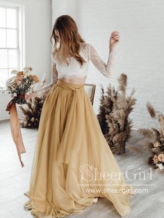 Lace Bodice Long Sleeves Two Pieces Bridal Gown Marigold Skirt Wedding Dress AWD1709-SheerGirl Champagne Wedding Dress Lace, Gaun Tulle, Yellow Inspiration, Tulle Formal Dress, Prom Dress Tulle, Lace Long Prom Dress, Winter Shoot, Chiffon Wedding Gowns, Popular Wedding Dresses