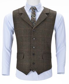 30% Wool / 60% Polyester / 10% Rayon. Plaid. Notch Lapel. Single Breasted 5 Buttons. Back metal elastic adjustment buckle. Full lined. Machine wash / Hand wash. Color or size customization please note in the order Plaid Suits With Pockets For Fall, Fall Plaid Suits With Pockets, Fitted Single-breasted Tweed Vest, Business Vest With Button Closure For Fall, Business Vest With Buttons For Fall, Fall Business Vest With Button Closure, Semi-formal Button Vest For Fall, Single Breasted Tweed Vest For Workwear, Tailored Single-breasted Tweed Vest