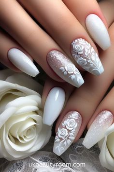 Wedding Nails For Bride With Flowers, Cream Wedding Nails For Bride, Wedding Nails For Bride Classy Bridal Square, Cute Nails For A Wedding, Wedding Heart Nails, Bridal White Nails, Elegant White Nail Designs, Bridal Floral Nails, Wedding Nail Designs The Bride