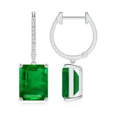 Turn heads effortlessly with these hoop drop earrings featuring emerald-cut emeralds in prong settings. Sparkling diamond accents embellished on the hoops elevate the beauty of this platinum pair. Hoop Drop Earrings, Sparkling Diamond, Emerald Earrings, Sparkle Diamonds, Emerald Cut, Prong Setting, The Beauty, Platinum, Emerald