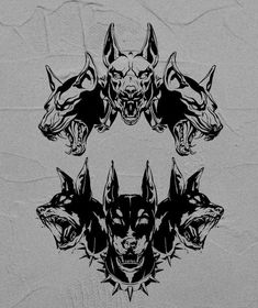 four black and white wolf heads on a gray background