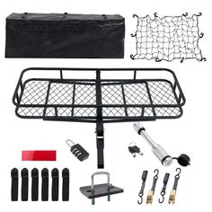 an image of a bike rack with tools and accessories for the front wheel drive on a white background