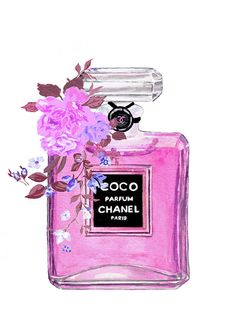 a pink perfume bottle with purple flowers on the top and black label that says coco parfum chanel