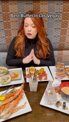 a woman sitting at a table with plates of food in front of her and the words best buffet in las vegas