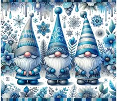 three gnomes with blue hats and snowflakes