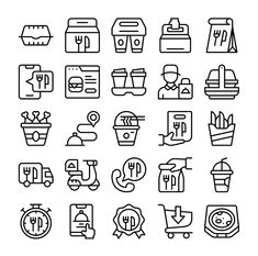 the set of icons for different types of food and drink related items, such as drinks