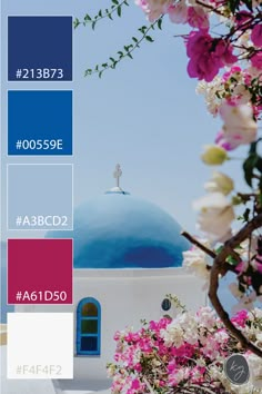 the color scheme is blue, white and pink with an image of a building in the background