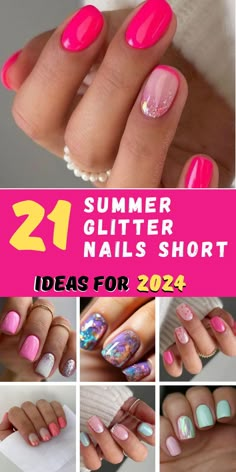 Sparkle this summer with 21 top trending designs for summer glitter nails short. Our collection includes pink and white hues, blended beautifully with ombre effects and a dash of glitter. These nail designs are perfect for anyone looking to add a bright, simple, and fun touch to their style. Summer Gel Nails Glitter, Nail Design Inspiration Summer, Vacation Nails Sparkle, Summer Nail Tip Designs, Simple Design Summer Nails, Short Rounded Nail Ideas, Summer Finger Nails, Summer Nails Diy Easy, Summer Tips Nails