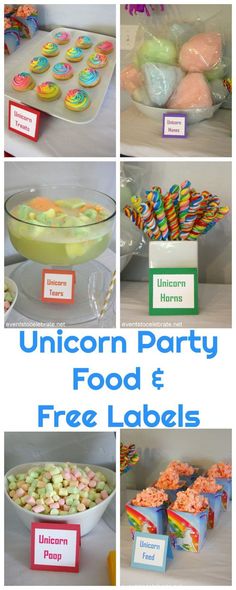 an assortment of unicorn party food and free labels