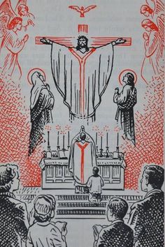 an image of the crucifix and people in front of it with red ink