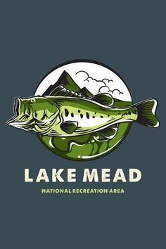 the lake mead logo with a fish on it's back and mountains in the background