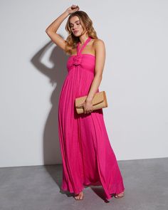 Fuchsia % Draya Halter Neck Empire Maxi Dress-3 Halter Flowy Dress, Feminine Flowy Halter Neck Maxi Dress, Flowy Pink Halter Dress, Pink Flowy Maxi Length Halter Dress, Flowy Floor-length Halter Dress For Beach, Flowy Red Halter Neck Maxi Dress, Hot Pink Bridesmaid Dresses, Hot Pink Bridesmaids, Empire Maxi Dress