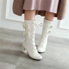 Kawaii Boots, Boots With Bows, Japanese Fashion Kawaii, Party High Heels, Boots Ideas, Elegant Boots, High Heel Stiefel, Shoes Chunky, High Heels Boots