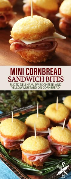 mini cornbread sandwiches with ham and cheese on them