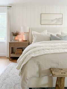 Vertical shiplap, pottery barn bedding Beach Neutral Bedroom, Coastal Modern Primary Bedroom, Studio Mcgee Coastal Bedroom, Shiplap Master Bed, Vertical Shiplap Wall Bedroom, Shiplap In Bedroom, White Shiplap Bedroom, Shiplap Ceiling Bedroom, Vertical Shiplap Bedroom