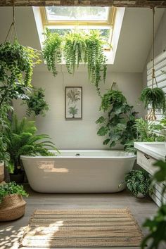 a bathroom with plants hanging from the ceiling and a bathtub in the middle, surrounded by greenery