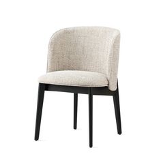 an upholstered chair with black legs and a light colored fabric backrest, on a white background