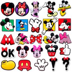 mickey and minnie mouse magnets are shown in various colors, shapes and sizes on a white background