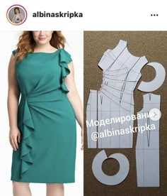 a woman in a green dress next to cut out paper