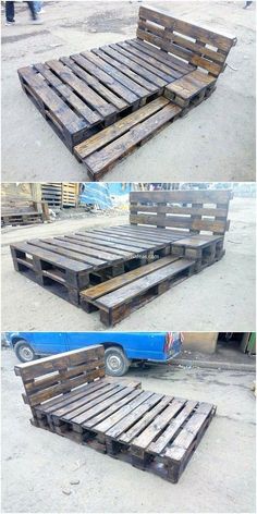 two pictures of wooden pallets sitting on top of each other