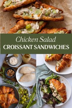 There are three photos. The top image shows a close up shot of chicken salad croissant sandwiches filled with chicken salad veronique (chicken salad with grapes and tarragon). The bottom left image shows the ingredients for this sandwich recipe including chicken breast, croissants, walnuts, mayonaise, dijon mustard, tarragon, celery and grapes. The bottom right image shows a single prepared croissant sandwich on a white plate with some mixed green salad. Croissant Sandwich, Sandwich Recipe, Roast Chicken