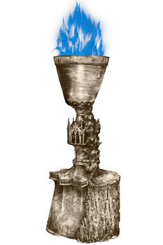 a drawing of a fountain with blue flames coming out of it's top and bottom