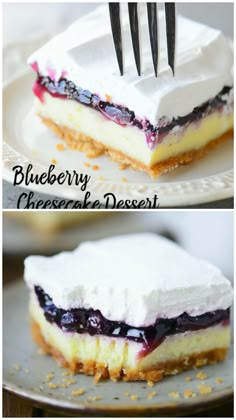 blueberry cheesecake dessert on a plate with a fork in the middle and another slice missing