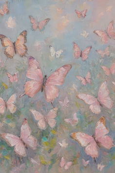 a painting of pink butterflies flying in the sky