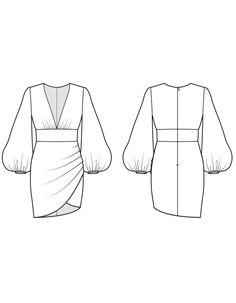 the front and back views of a dress with an asymmetrically draped design