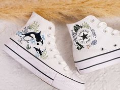 '' Custom Embroidered Converse High Tops, Blue Whale Embroidered Sneakers, Ocean Embroidered Shoes, Moon Star Whale Embroidery Converse Custom, Unique Gifts for Her '' Ocean Vibes hand embroidery is the new collection I definitely do on the Converse for you  🌷 CONVERSE ∙ EMBROIDERED ∙ WEDDING SHOES 🌷 * Material: High-quality premium cotton embroidery thread, colorfast * Dimensions: Depending on your size choice, according to the US shoe size mentioned above * Finish: High-end embroidered shoes Cute Converse Shoes, Embroidered Converse, Cute Converse, Custom Kicks, Custom Converse, Embroidered Shoes, Cute Nike Shoes