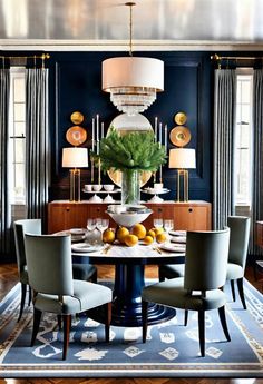 an elegant dining room with blue walls and gold trimmings on the chandelier