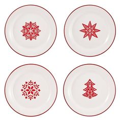 four red and white plates with designs on them