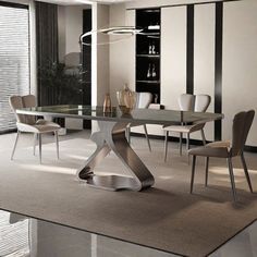 a modern dining room with black and white stripes on the walls, glass table and chairs