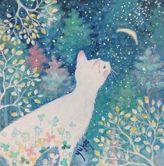 a painting of a cat looking up at the stars in the night sky with trees and flowers