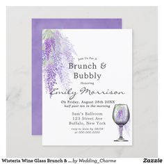 the brunch and bubbly wedding card is shown with a glass of wine