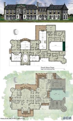 the floor plan for this mansion is shown in two separate sections, with an upper level and