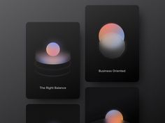 four different types of business balance cards on a black surface with white and orange circles