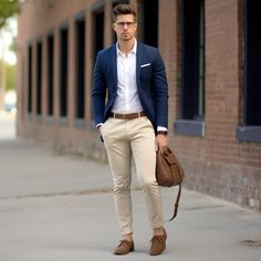 Men's Blazer Outfit Casual, Blazer With Chinos Men, Blazer Combinations For Men, Men’s Chinos Outfits, Beige Chinos Men Outfits, Cream Blazer Outfit Men, Grwm Men, Casual Blazer Outfits Men