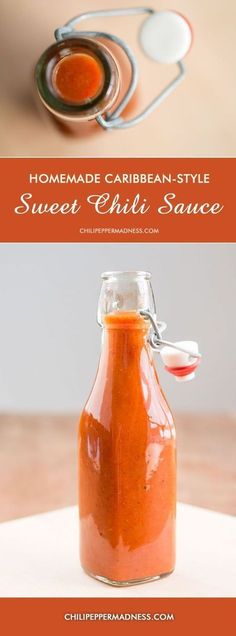 homemade caribbean style sweet chili sauce in a glass jar