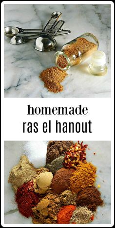 the ingredients for homemade ras el hanout are shown in two separate images, one with spoons