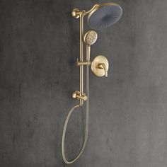 the shower head and handset are shown against a gray wall, with gold fixtures