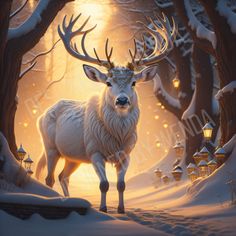 a white deer standing in the middle of a snow covered forest with lanterns on it's sides