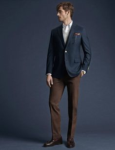 Brooks Brothers | Men's Fashion Revolution | Classy with Style www.designerclothingfans.com Mens Fashion Suits Formal, Dark Brown Pants, Friday Shirt, Brown Slacks, Conservative Outfits, Pants Outfit Men, Mens Fashion Editorial